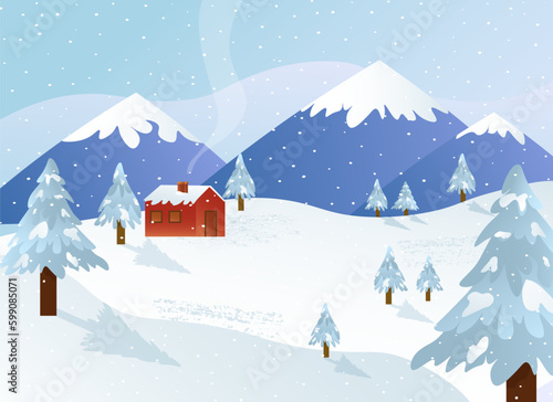 Winter landscape. Rural house against the backdrop of mountains, snowdrifts, trees. Flat vector illustration. For covers, advertising flyers, design and decor, packaging and brochures. Generative AI © Irina