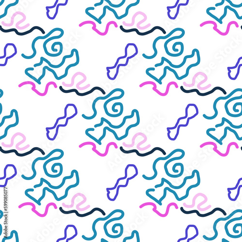 Seamless color pattern of linear doodle squiggles. The style of the 90s. Bright abstract design for background  banner  poster of various shapes. Vector illustration. Generative AI
