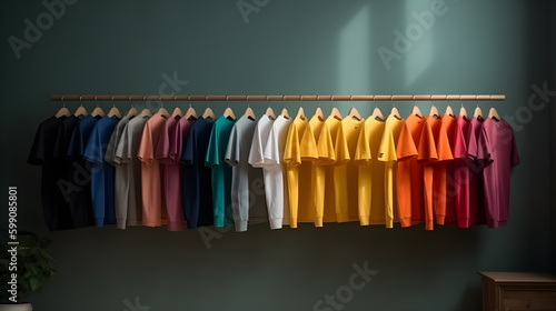 a collection of cotton t-shirts hanging on a hanger ,generative ai