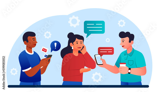 People with phone. Communication and interaction in social networks and instant messengers. Men and woman with smartphones. Messages and chats, SMS. Cartoon flat vector illustration
