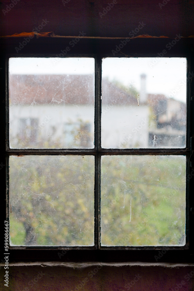 Fototapeta premium antique window with rural landscape in vintage scenery 