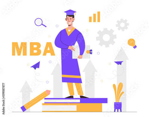 Master of business administration. Man in graduate cap stands with certificate or diploma. Successful and hardworking student and graduate, young specialist. Cartoon flat vector illustration