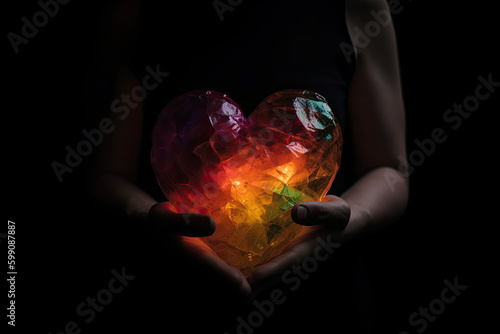 A person holding a crystal heart in their hands created with Generative AI technology