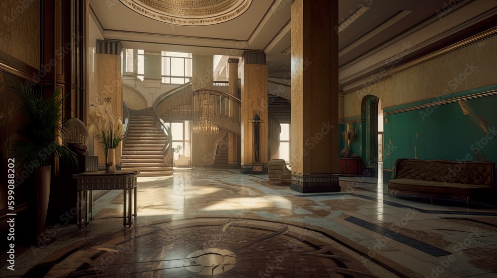 Abandoned luxury hotel, outdated empty foyer, AI generative interior