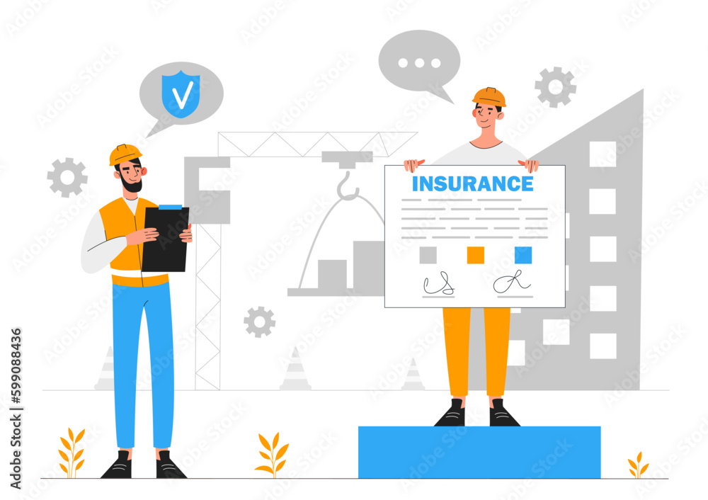 Insurance construction concept. Men at construction site. Residential real estate property, engineering and construction. Engineers and builders at workplace. Cartoon flat vector illustration