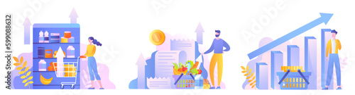 Inflation illustrations set. Collection of scenes with rising prices in store. Economic crisis and fall in real incomes of population. Cartoon flat vector illustrations isolated on white background