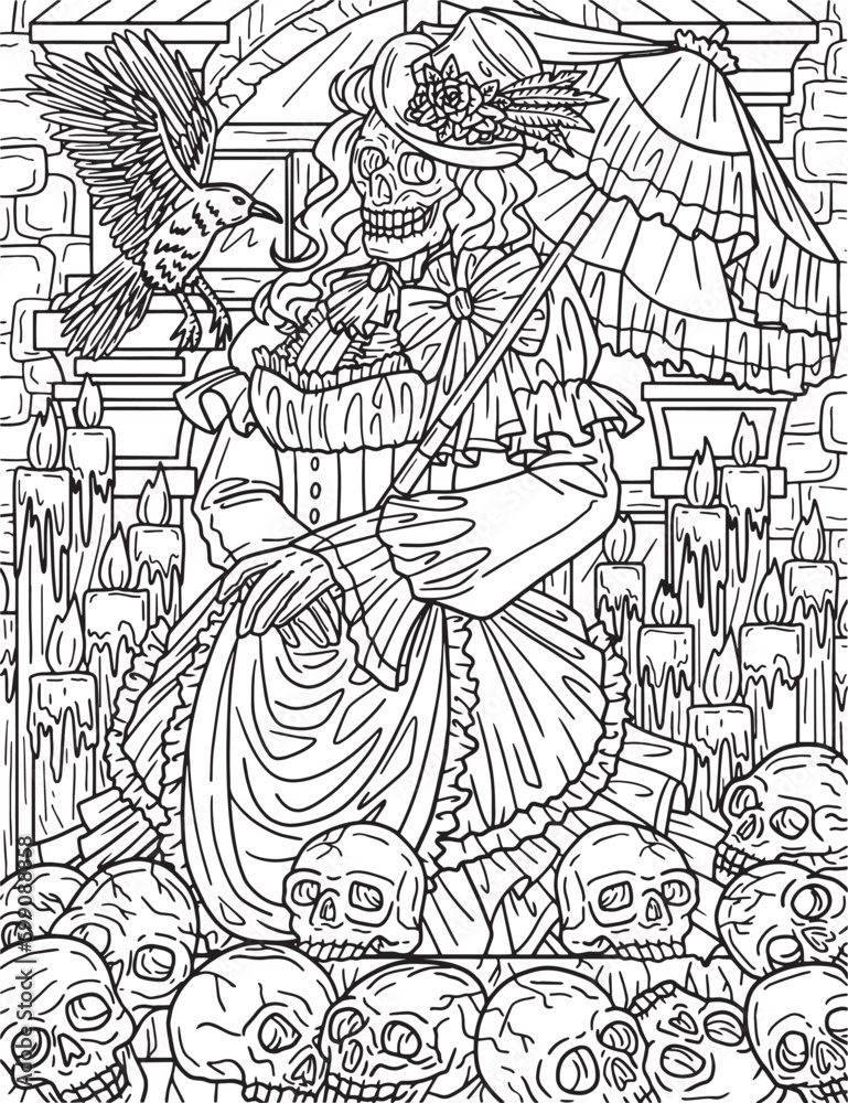Halloween Victorian Dress Coloring Page for Adults Generative AI