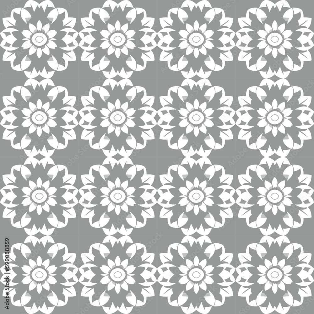 White floral damask pattern with chrysanthemum motifs in gray on dark seamless fabric background that exudes.
