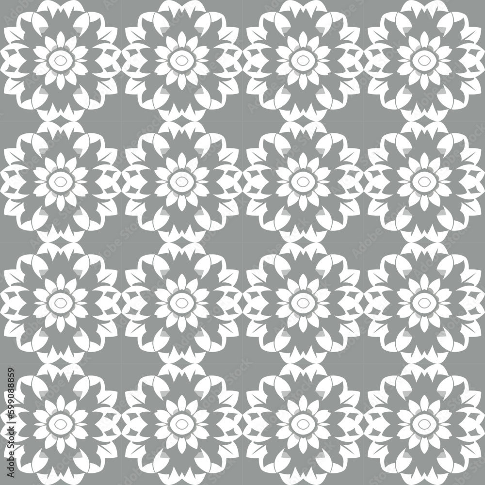 White floral damask pattern with chrysanthemum motifs in gray on dark seamless fabric background that exudes. White floral damask pattern with chrysanthemum motifs in gray on dark seamless fabric background that exudes.