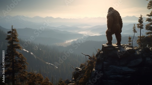 sasquatch on cliff, digital art illustration, Generative AI