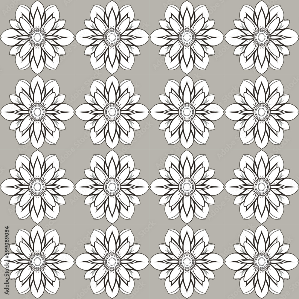 Premium vector floral seamless repeating pattern with stylized black and white flowers on gray background.