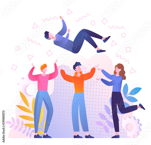 Happy guy with crowd. Colleagues toss man. Metaphor for winner in competition and successful worker or entrepreneur. Positivity and optimism, friendly staff. Cartoon flat vector illustration © Rudzhan