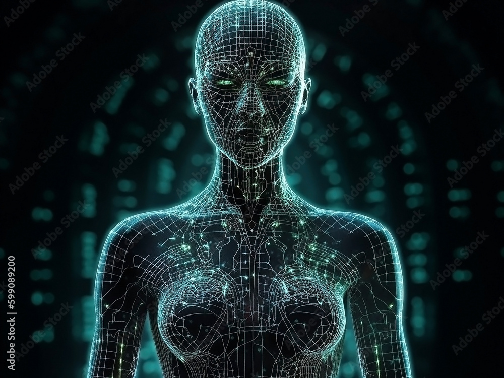 Silhouette of the body of a young beautiful woman close-up, in a matrix or holographic style and on a dark background. Generative AI Silhouette of the body of a young beautiful woman close-up, in a matrix or holographic style and on a dark background. Generative AI