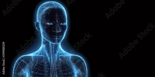 Silhouette of the body of a young beautiful woman close-up, in a matrix or holographic style and on a dark background. Generative AI