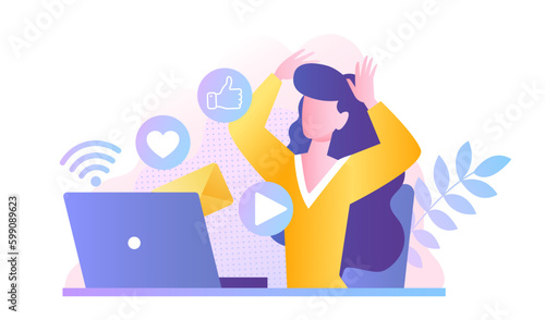 Woman overload with laptop. Girl looks at information from social networks and messengers and holds her head with her hands. Gadget addiction and mental problems. Cartoon flat vector illustration