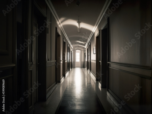 A long hallway with a light at the end of it. AI generative.