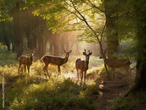 Fotografia A family of deer grazing in a sunlit clearing surrounded by a vibrant woodland n