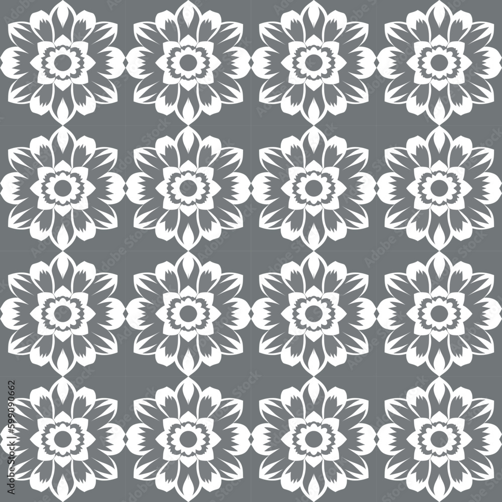 High-end and eye-catching white and gray damask floral seamless pattern with symmetrical designs, ideal.