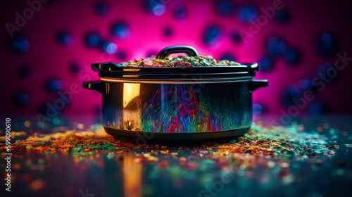 Vibrant Explosion: Colorful Slow Cooker Shoot with A9 & 35mm Lens on Shiny Background - Ultra Detailed Quality Captured, Generative AI