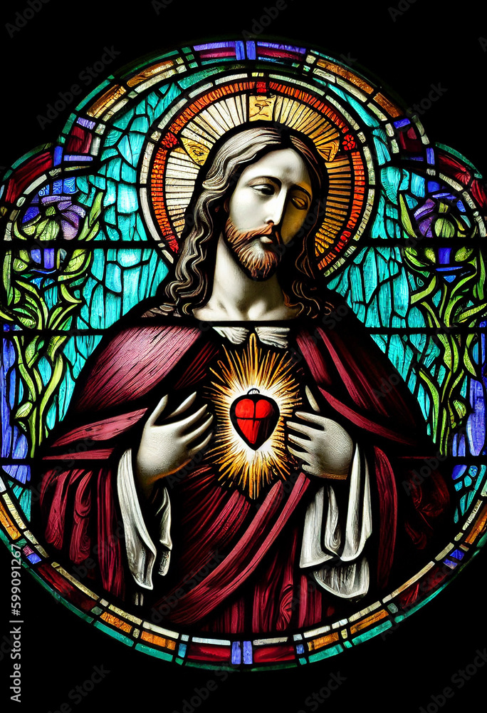 Merciful Jesus with a heart in the style of a church stained glass window, generative AI Merciful Jesus with a heart in the style of a church stained glass window, generative AI
