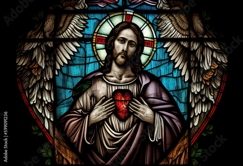 Fotografiet Merciful Jesus with a heart in the style of a church stained glass window, gener