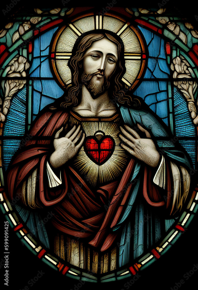 Merciful Jesus with a heart in the style of a church stained glass window, generative AI