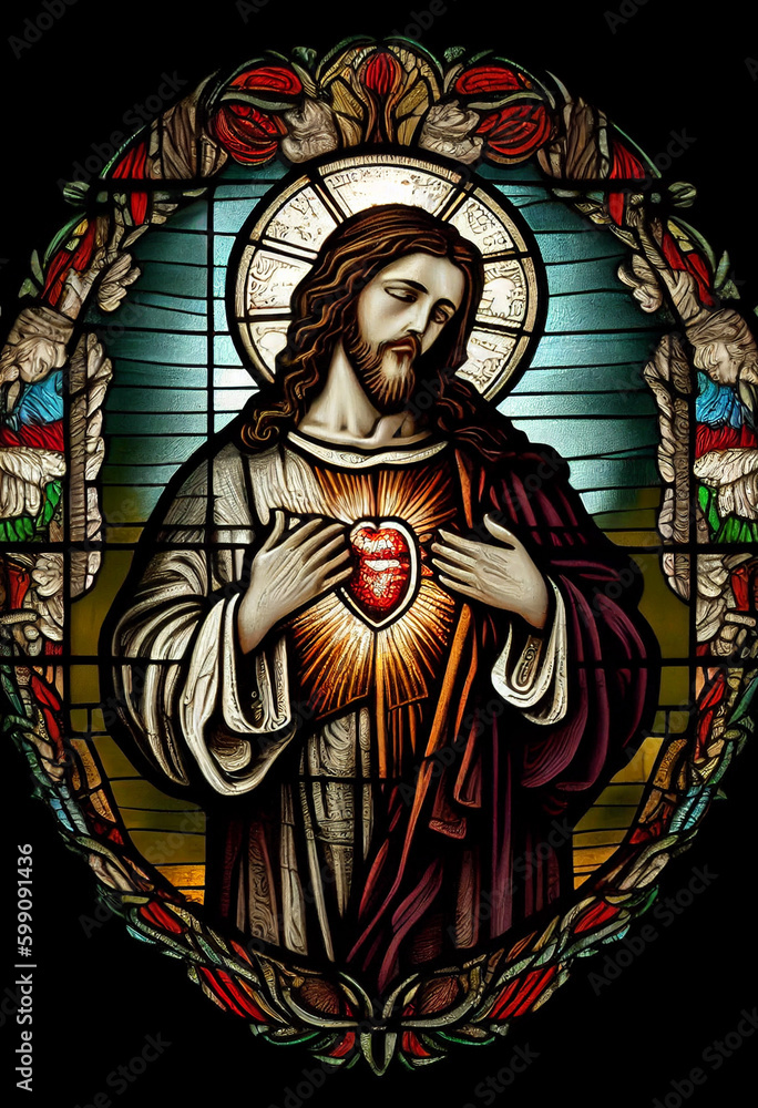 Fototapeta premium Merciful Jesus with a heart in the style of a church stained glass window, generative AI