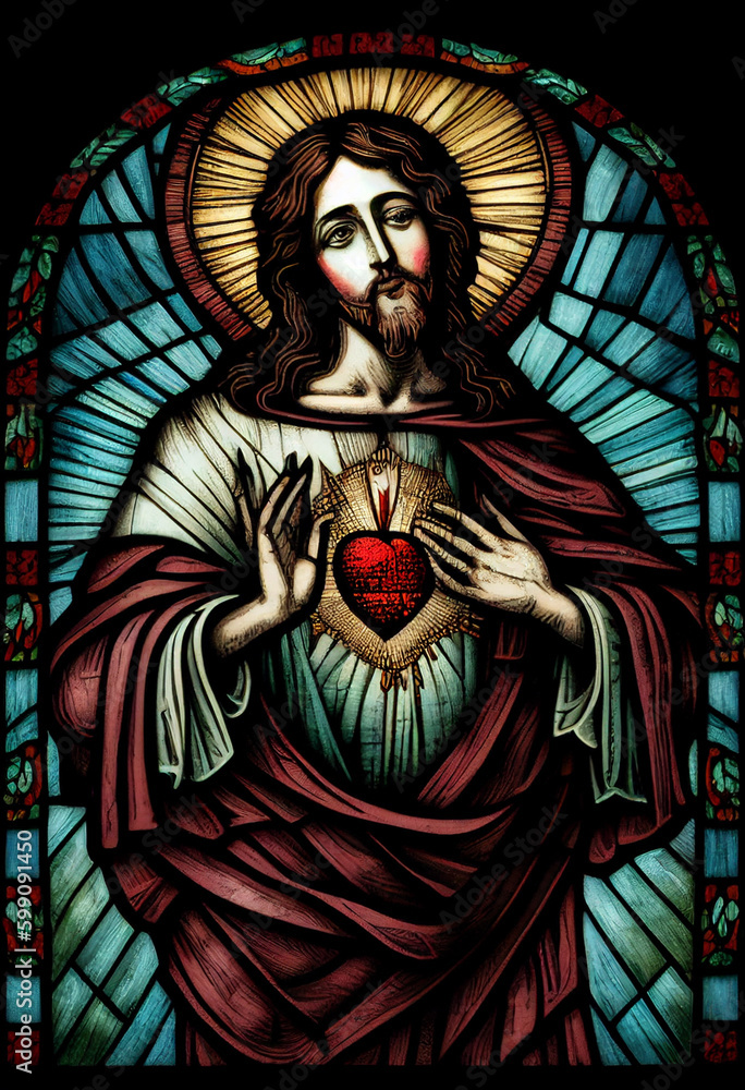 Merciful Jesus with a heart in the style of a church stained glass window, generative AI Merciful Jesus with a heart in the style of a church stained glass window, generative AI