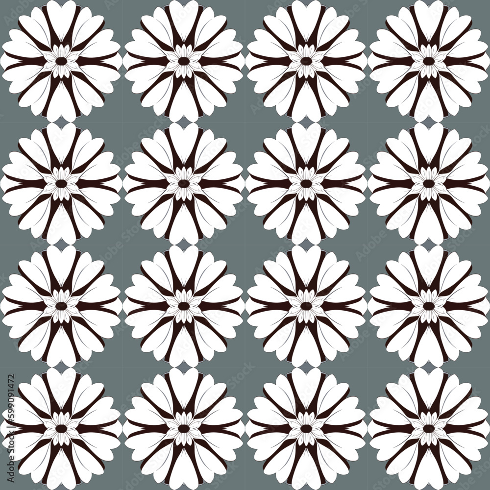 Sophisticated and contemporary floral vector image with white chrysanthemums on black and gray seamless.