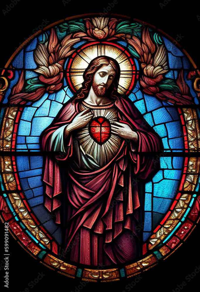 Merciful Jesus with a heart in the style of a church stained glass window, generative AI