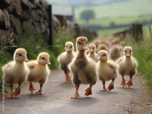 Canvastavla A gaggle of baby geese waddling across a peaceful country road no text photograf