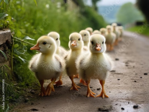 Fotografiet A gaggle of baby geese waddling across a peaceful country road no text photograf