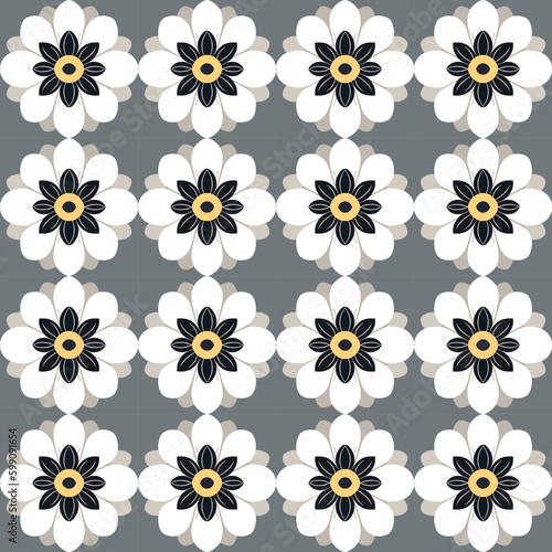 Black and white floral pattern with stylized geometric motifs and detailed pop art design, great.
