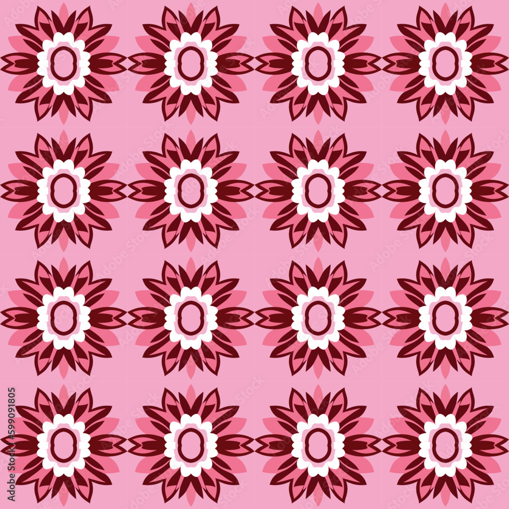Vibrant red and white floral pattern with pastel flowery motifs in symmetrical design, perfect for premium.