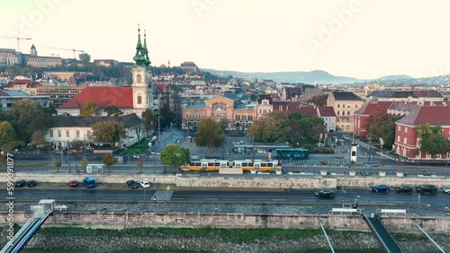 Public transport tram in Budapest, Hungary. Aerial shot following the tram, Angelo Rotta rkp photo