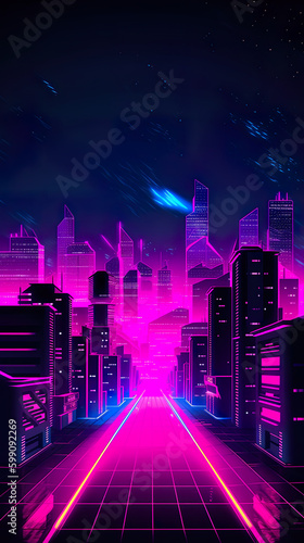 Symmetrical city skyline, purple and magenta neon on black background, 80s style, AI generative image