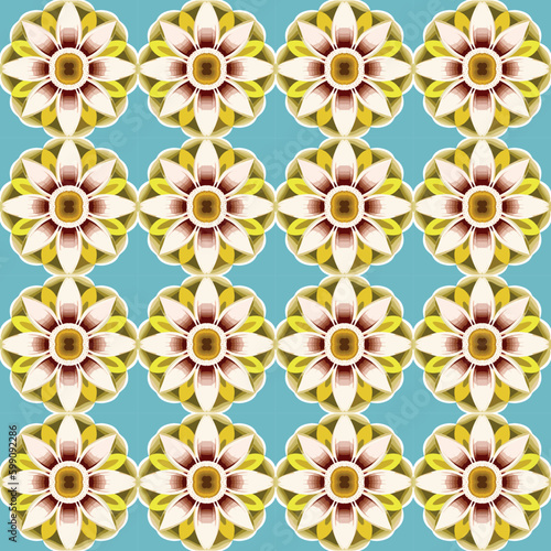 Cheerful and whimsical flower pattern in blue and white with stylized geometric motifs on bright background.