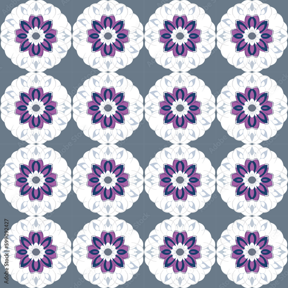 Gorgeous and delicate design with overlapping peppermint floral motifs in purple and white, with fractal. Gorgeous and delicate design with overlapping peppermint floral motifs in purple and white, with fractal.