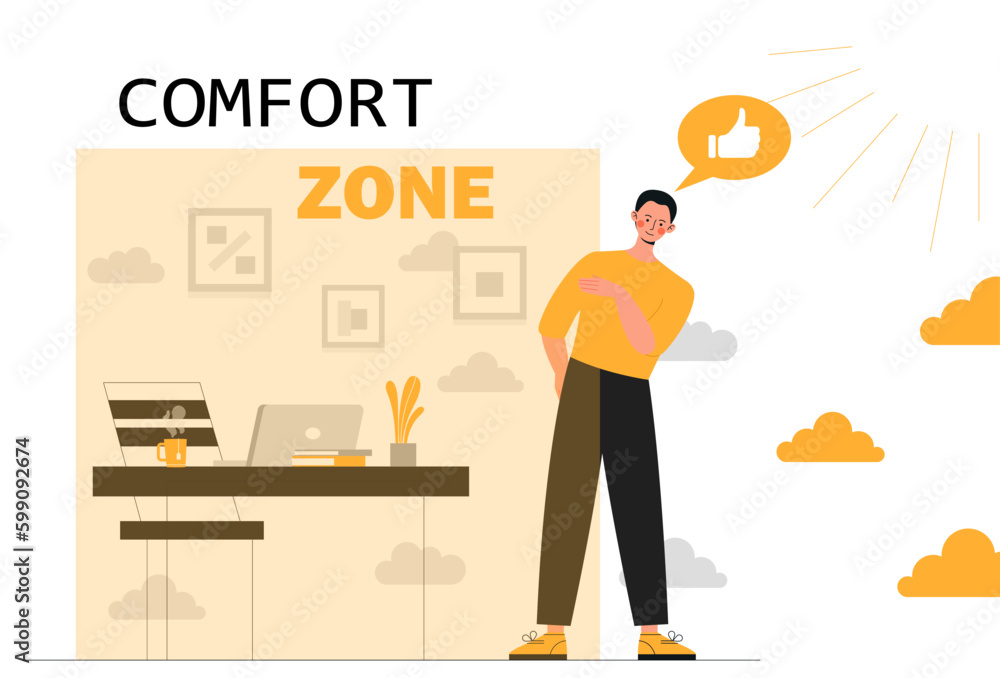 Comfort zone concept. Man leaves office. Psychology and mental health. Exit to freedom, self development. New goals and obstacles, motivation. Break your habits. Cartoon flat vector illustration Comfort zone concept. Man leaves office. Psychology and mental health. Exit to freedom, self development. New goals and obstacles, motivation. Break your habits. Cartoon flat vector illustration