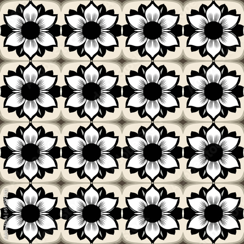 This art deco inspired floral pattern features stylized flower frames on black and white tile background.