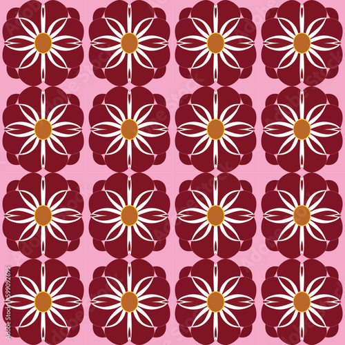 This repeating fabric design has stylized flowers in red and white on pink background, inspired by japanese.