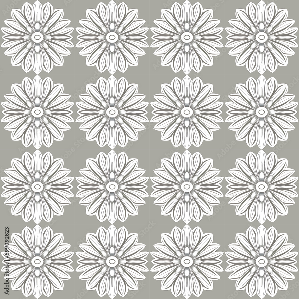 Gray and white damask floral pattern with art deco symmetry and chrysanthemum motifs, ideal for feminine. Gray and white damask floral pattern with art deco symmetry and chrysanthemum motifs, ideal for feminine.