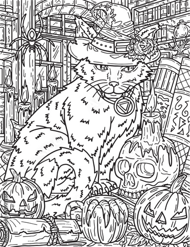Halloween Cat with Hat Coloring Page for Adults Generative AI