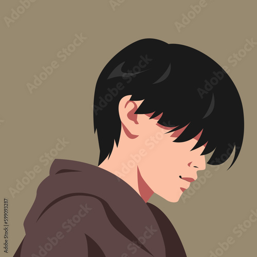 teenage boy face with hair style covering face. for avatar, social media profile, print, poster, sticker, etc. flat vector illustration.