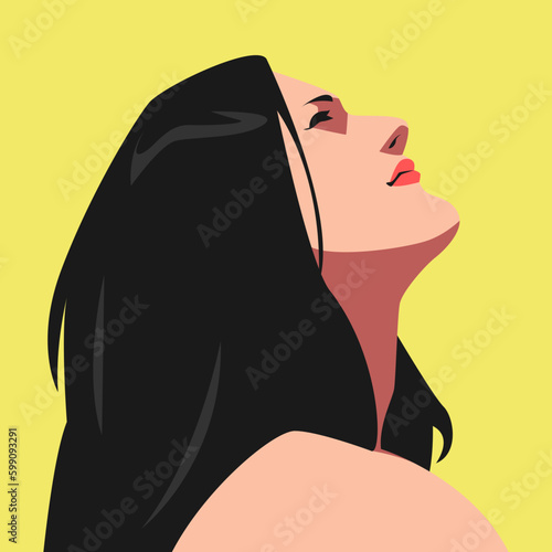 beautiful long black hair woman face looking up. for avatar, social media profile, web, print, poster, sticker, etc. flat vector illustration.