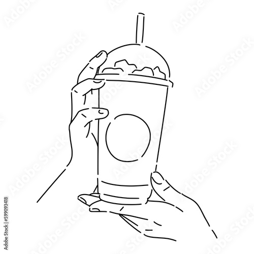 both hands holding a cold drink in a cup, ice coffee cup, juice cup. with line art style, sketch. isolated on white background. hand drawn vector illustration.