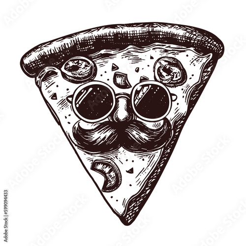 pizza slice face with a mustache and sunglasses illustration