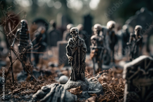 A group of undead unquiet zombie skeletons in a cemetery. AI generative Halloween display.