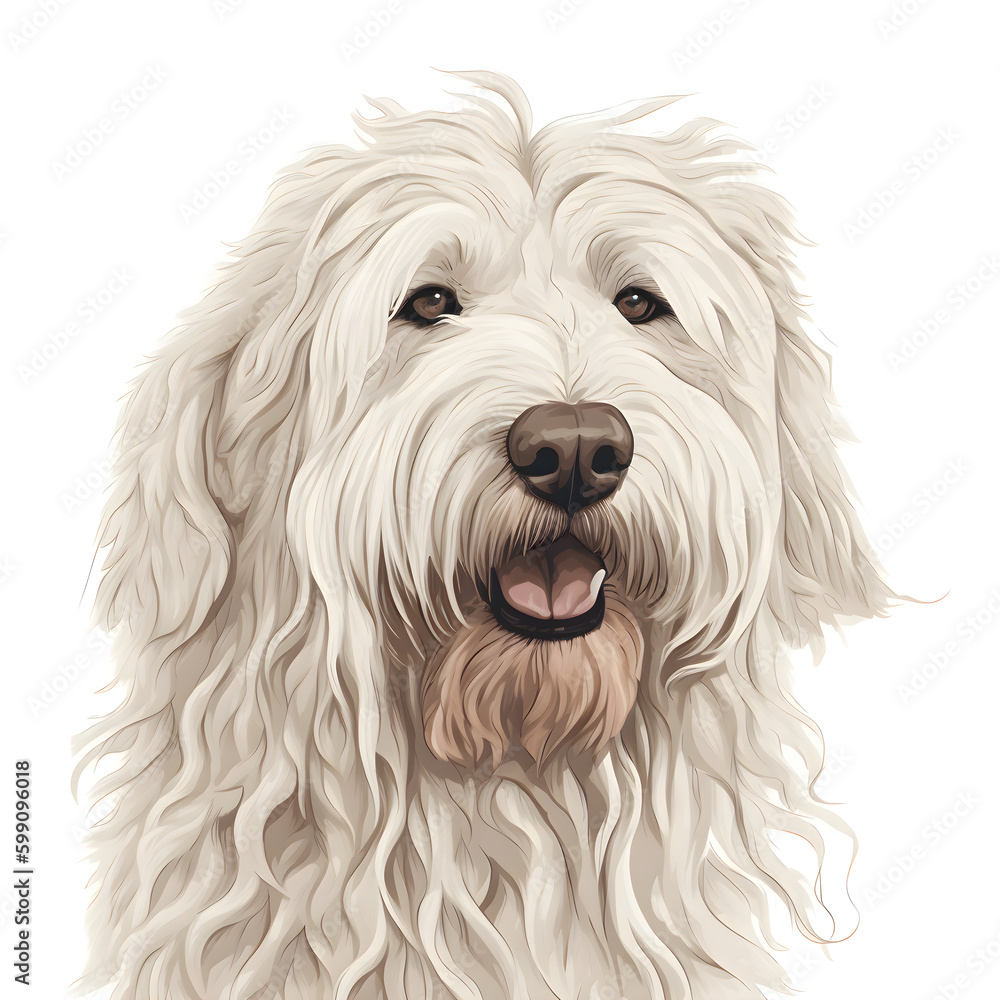 Portrait illustration of a Komondor dog, pet drawing, white background