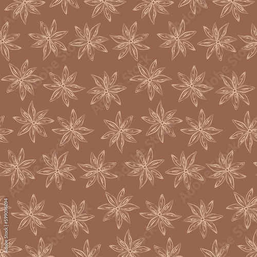Endless pattern of outline drawing anise star on backdrop in trendy brown hue. Herbs And Spices Day Generative AI